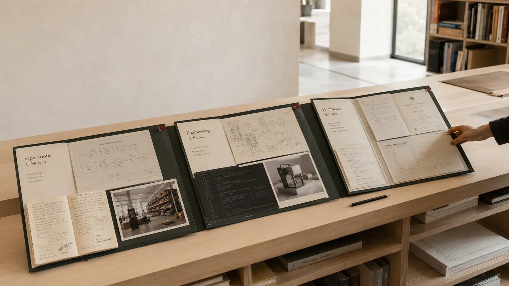 Three evidence dossiers displaying work from operations, engineering and healthcare.