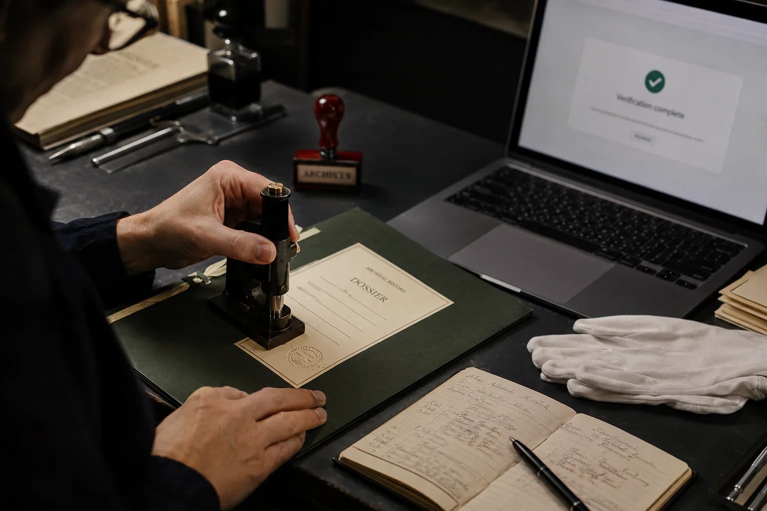 An archival specialist applying an integrity mark to a professional dossier.