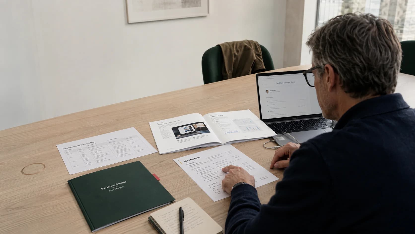 A recruiter comparing a résumé statement with its supporting work evidence.